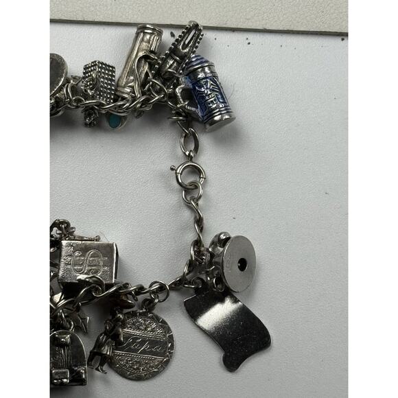 Vintage Sterling Silver Charm Bracelet 7.5" 25 Charms Travel Religious Phone - Picture 7 of 10